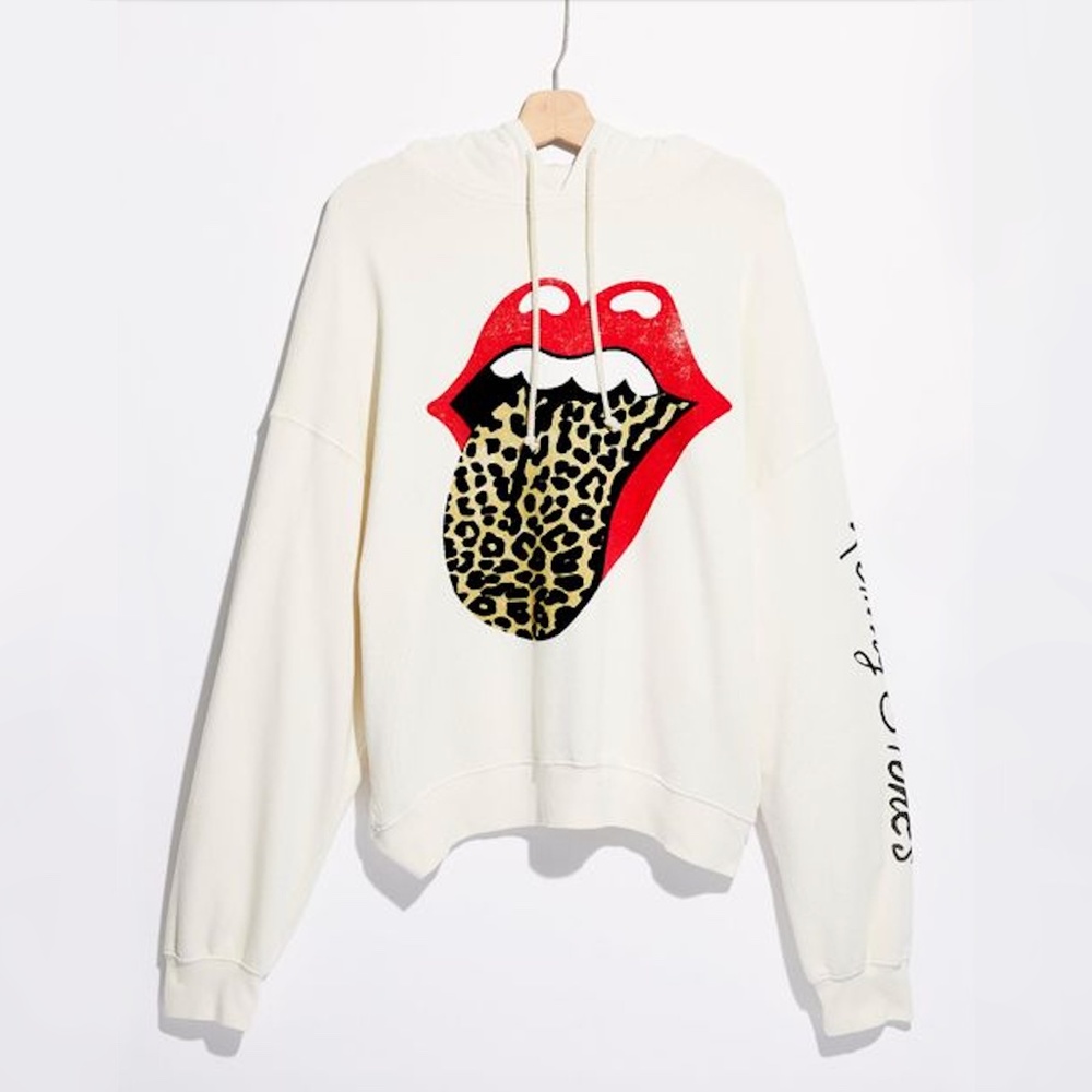 FREE PEOPLE - Daydreamer Rolling Stones Leopard Tongue Ivory Hoodie - Medium